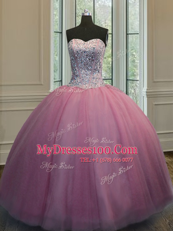 Baby Pink Lace Up 15th Birthday Dress Beading Sleeveless Floor Length