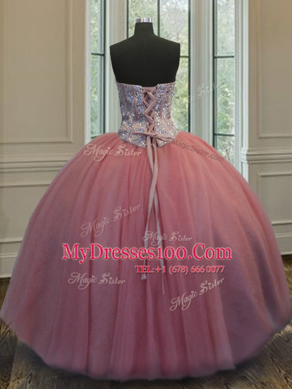 Baby Pink Lace Up 15th Birthday Dress Beading Sleeveless Floor Length