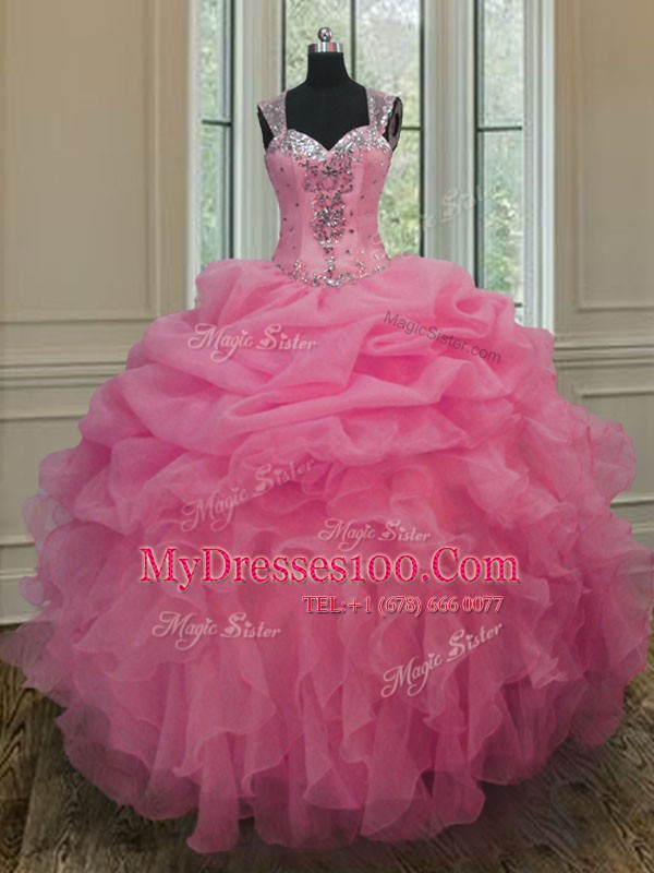 Chic Straps Sleeveless Floor Length Beading and Ruffles Zipper Sweet 16 Quinceanera Dress with Baby Pink