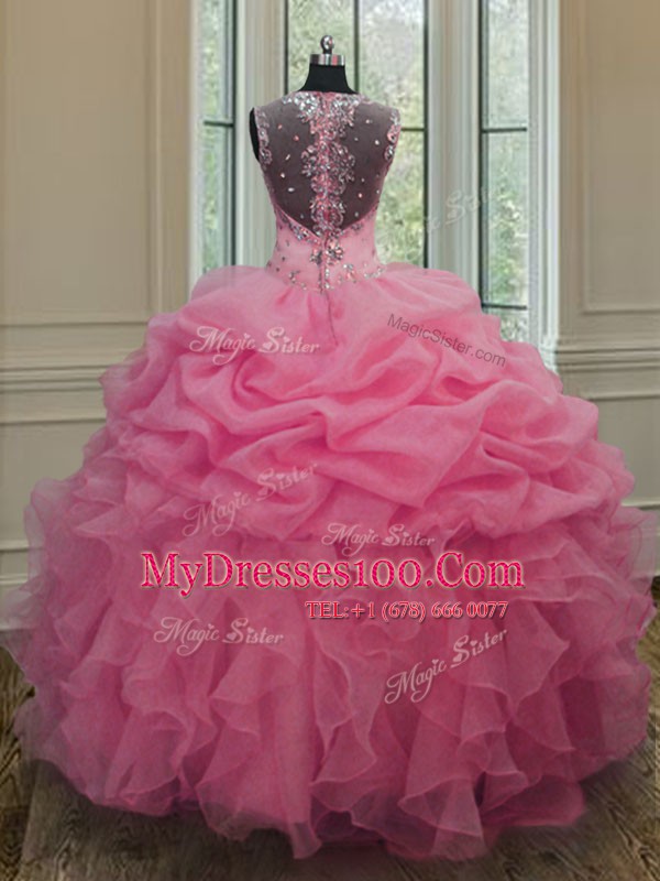 Chic Straps Sleeveless Floor Length Beading and Ruffles Zipper Sweet 16 Quinceanera Dress with Baby Pink