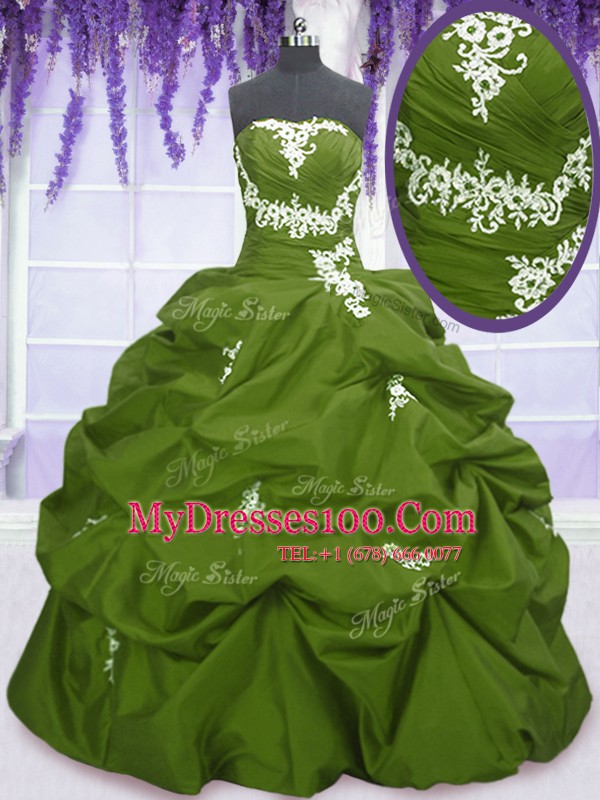 Olive Green Taffeta Lace Up Strapless Sleeveless Floor Length 15 Quinceanera Dress Appliques and Pick Ups