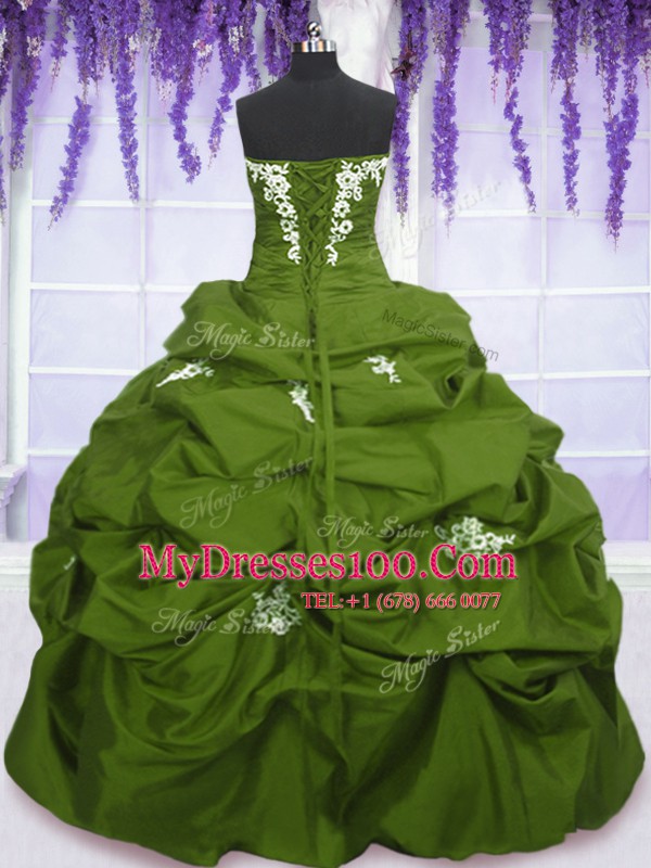 Olive Green Taffeta Lace Up Strapless Sleeveless Floor Length 15 Quinceanera Dress Appliques and Pick Ups