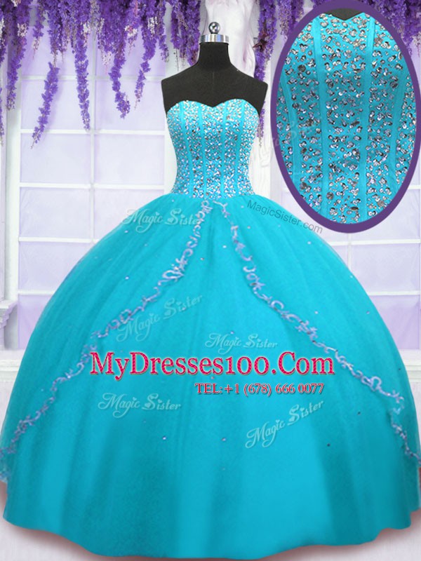 Cute Tulle Sweetheart Sleeveless Backless Beading and Sequins 15 Quinceanera Dress in Aqua Blue