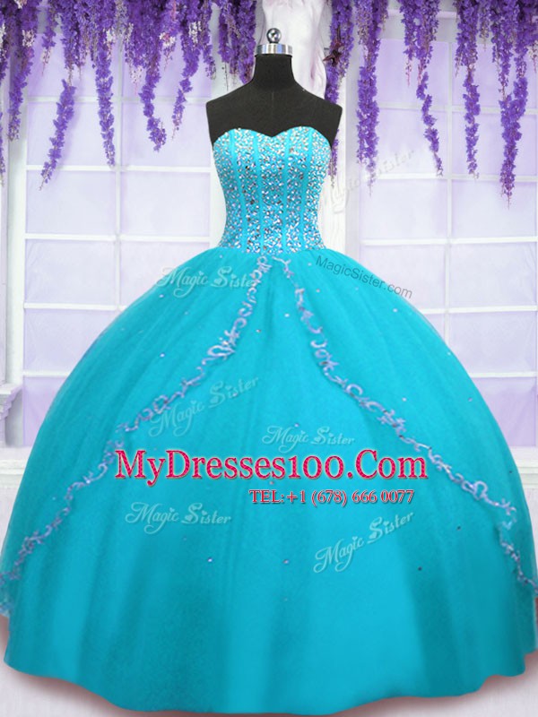 Cute Tulle Sweetheart Sleeveless Backless Beading and Sequins 15 Quinceanera Dress in Aqua Blue