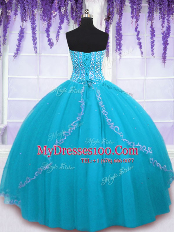 Cute Tulle Sweetheart Sleeveless Backless Beading and Sequins 15 Quinceanera Dress in Aqua Blue