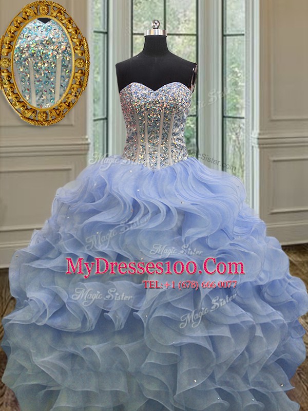 Latest Lavender Ball Gowns Beading and Ruffles Quinceanera Dress Lace Up Organza Sleeveless Floor Length