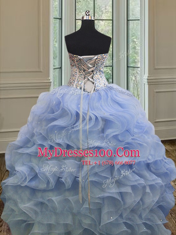 Latest Lavender Ball Gowns Beading and Ruffles Quinceanera Dress Lace Up Organza Sleeveless Floor Length