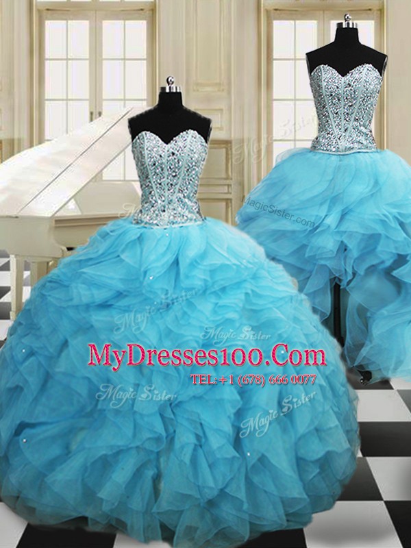 Three Piece Floor Length Baby Blue Sweet 16 Dress Sweetheart Sleeveless Lace Up