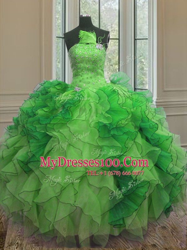 Decent Organza Strapless Sleeveless Lace Up Beading and Ruffles 15th Birthday Dress in Green