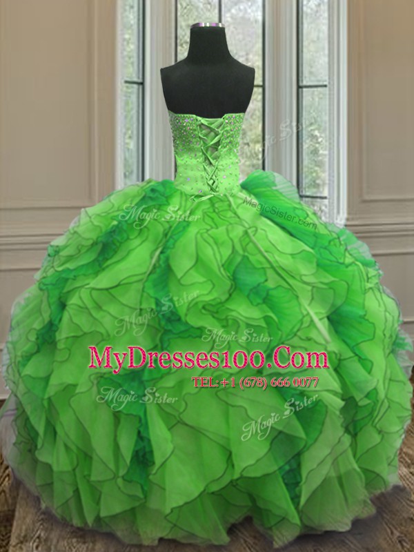 Decent Organza Strapless Sleeveless Lace Up Beading and Ruffles 15th Birthday Dress in Green