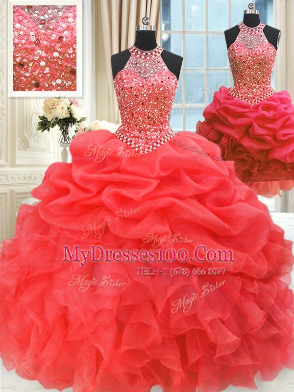Top Selling Three Piece Sleeveless Lace Up Floor Length Beading and Pick Ups Sweet 16 Quinceanera Dress