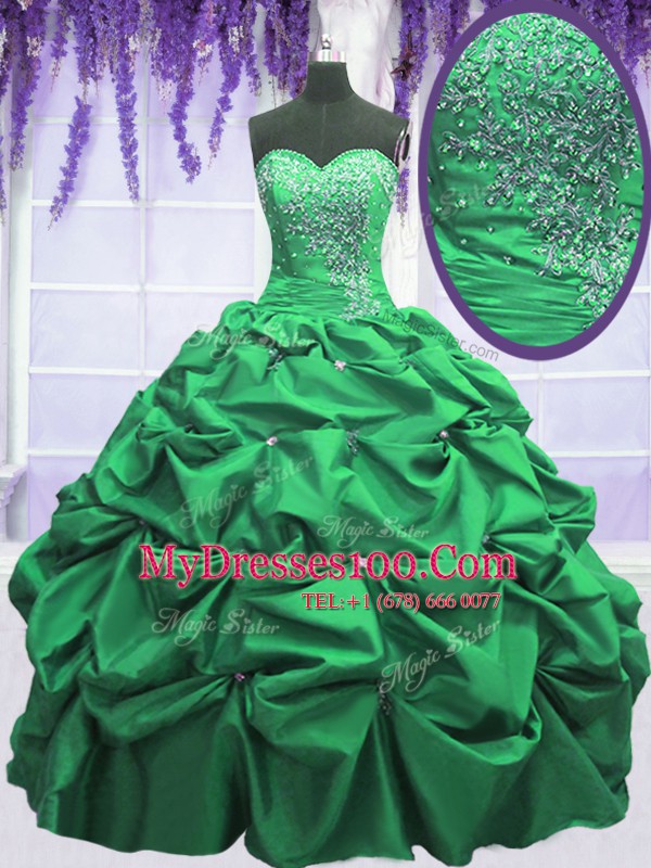Sleeveless Taffeta Floor Length Lace Up Quinceanera Gown in Green with Beading and Pick Ups