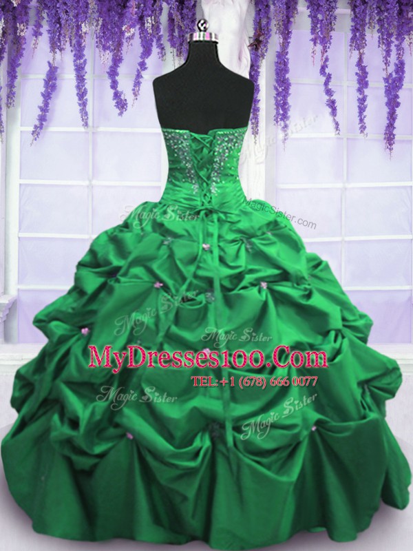 Sleeveless Taffeta Floor Length Lace Up Quinceanera Gown in Green with Beading and Pick Ups