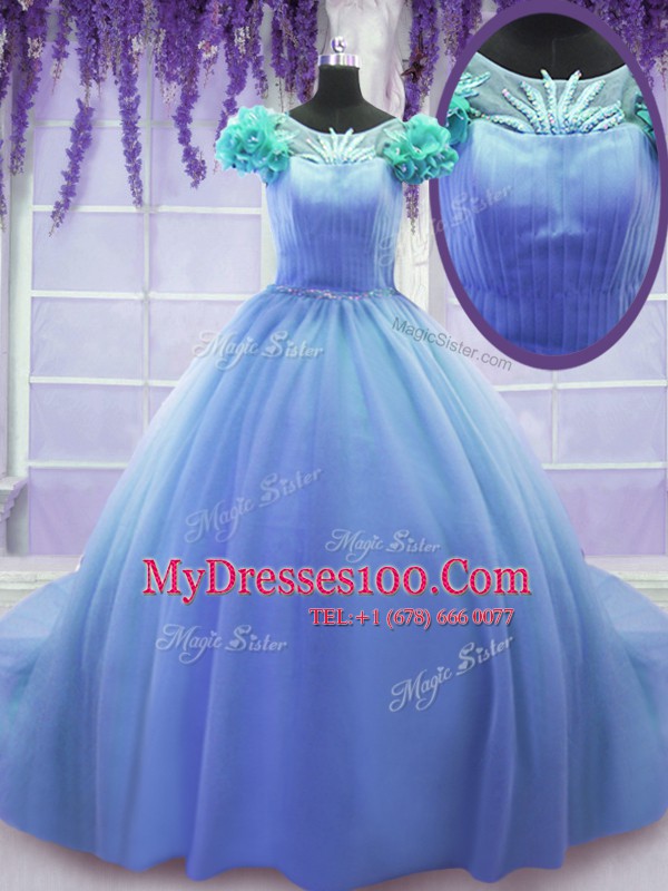 Scoop Short Sleeves Court Train Hand Made Flower Lace Up 15 Quinceanera Dress