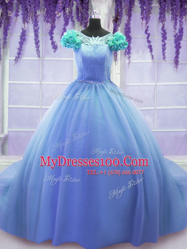 Scoop Short Sleeves Court Train Hand Made Flower Lace Up 15 Quinceanera Dress