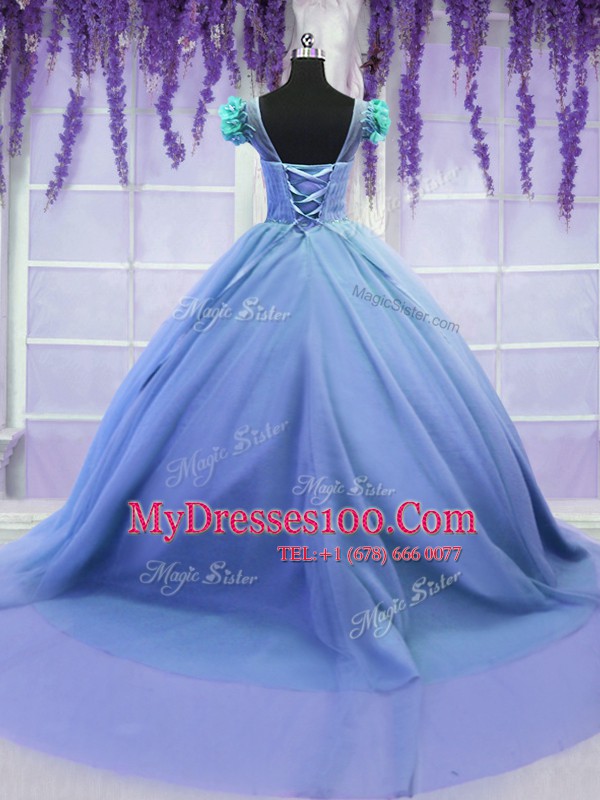 Scoop Short Sleeves Court Train Hand Made Flower Lace Up 15 Quinceanera Dress