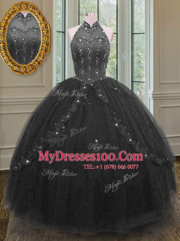 Suitable Black Ball Gowns High-neck Sleeveless Tulle Floor Length Lace Up Beading and Appliques Quince Ball Gowns
