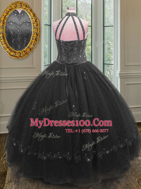 Suitable Black Ball Gowns High-neck Sleeveless Tulle Floor Length Lace Up Beading and Appliques Quince Ball Gowns