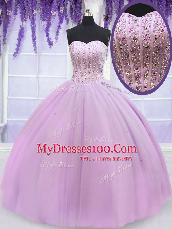 Lilac Ball Gowns Sweetheart Sleeveless Tulle Floor Length Lace Up Beading 15th Birthday Dress