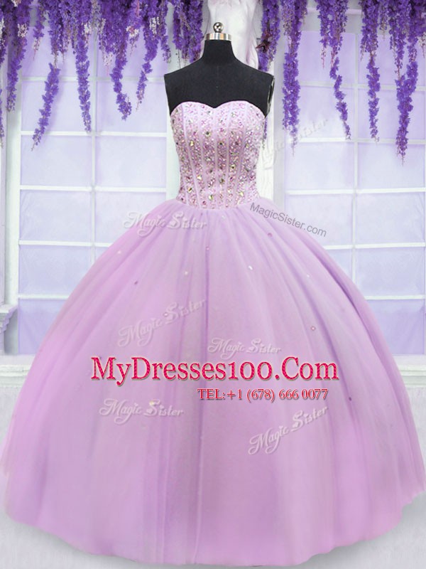 Lilac Ball Gowns Sweetheart Sleeveless Tulle Floor Length Lace Up Beading 15th Birthday Dress