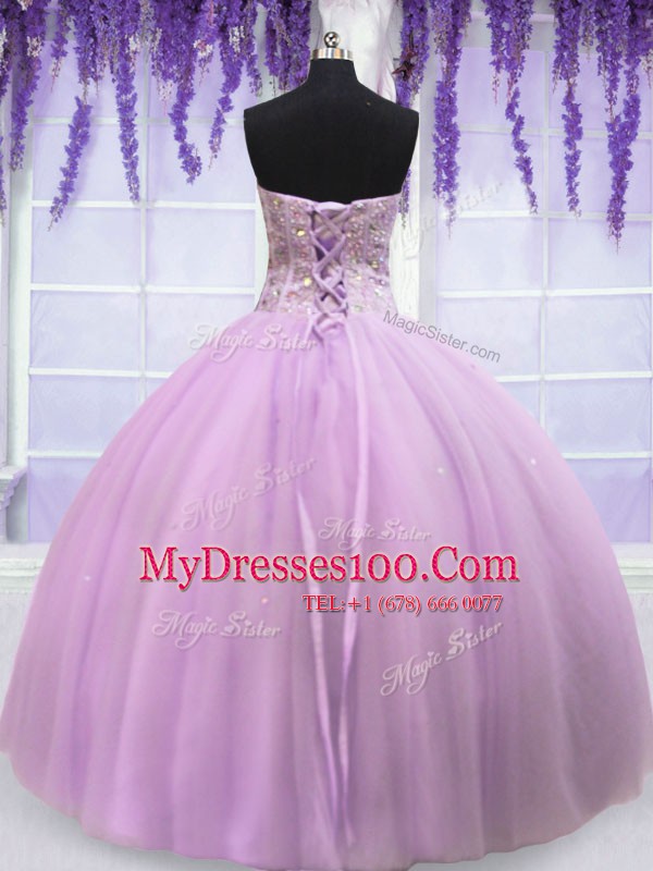 Lilac Ball Gowns Sweetheart Sleeveless Tulle Floor Length Lace Up Beading 15th Birthday Dress