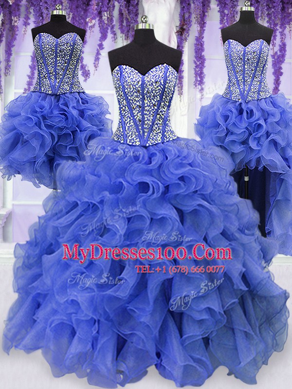 Shining Four Piece Royal Blue Lace Up Sweet 16 Dresses Ruffles and Sequins Sleeveless Floor Length