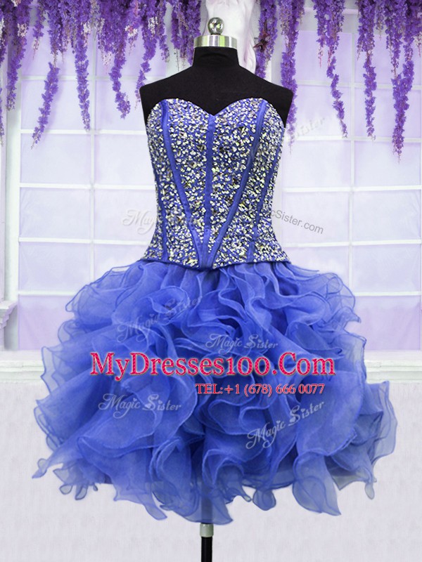 Shining Four Piece Royal Blue Lace Up Sweet 16 Dresses Ruffles and Sequins Sleeveless Floor Length