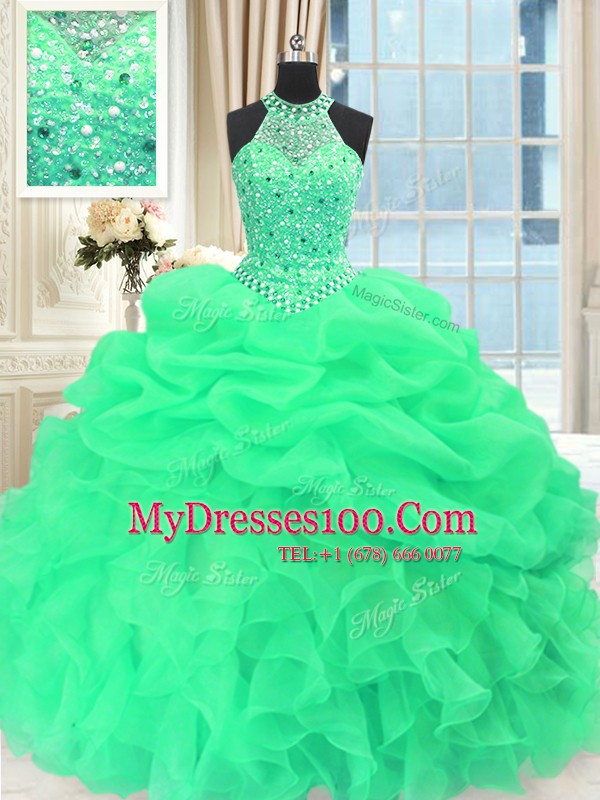 Designer Scoop Sleeveless Organza Floor Length Lace Up Quinceanera Gown in with Beading and Pick Ups