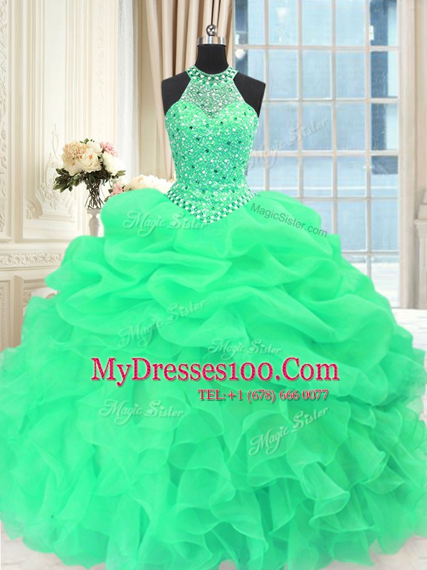 Designer Scoop Sleeveless Organza Floor Length Lace Up Quinceanera Gown in with Beading and Pick Ups