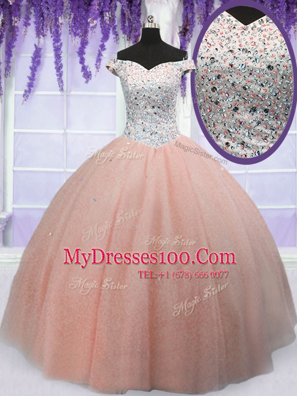 Off The Shoulder Short Sleeves Tulle Sweet 16 Dress Beading Lace Up