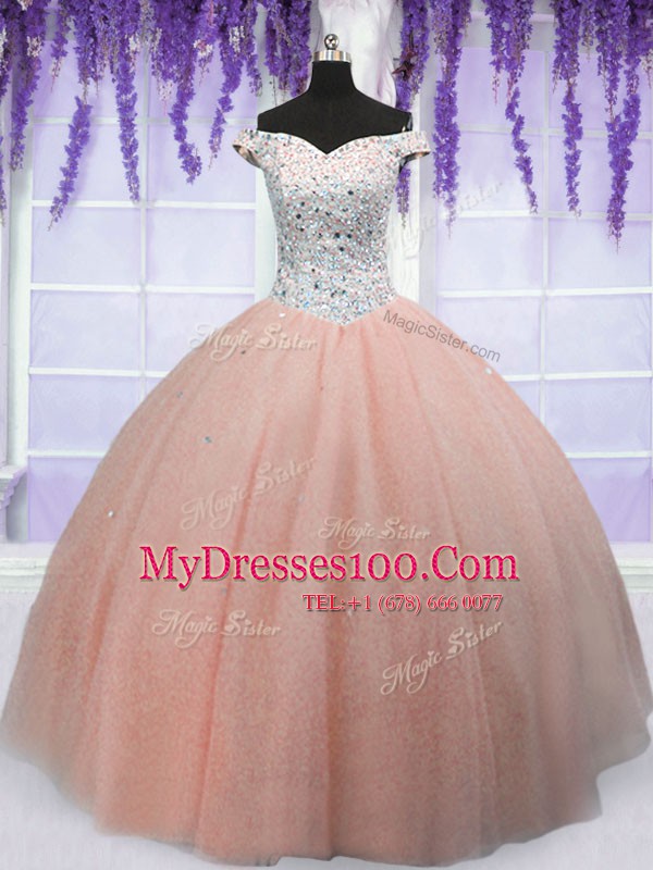 Off The Shoulder Short Sleeves Tulle Sweet 16 Dress Beading Lace Up