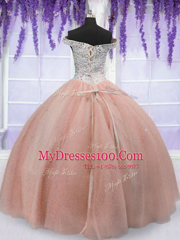Off The Shoulder Short Sleeves Tulle Sweet 16 Dress Beading Lace Up