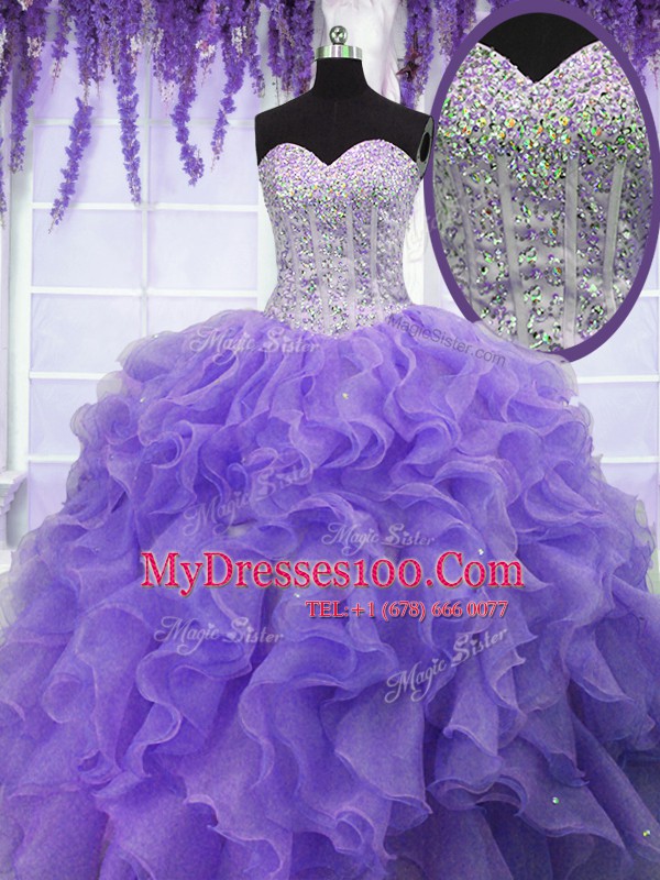 High Class Sequins Floor Length Lavender Quinceanera Dress Sweetheart Sleeveless Lace Up