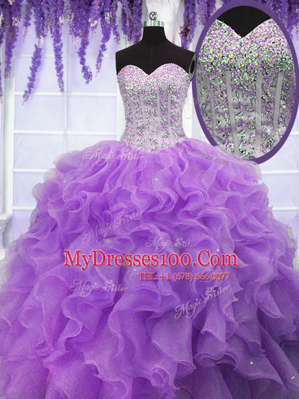 Delicate Sleeveless Organza Floor Length Lace Up Quinceanera Dresses in Lavender with Ruffles and Sequins
