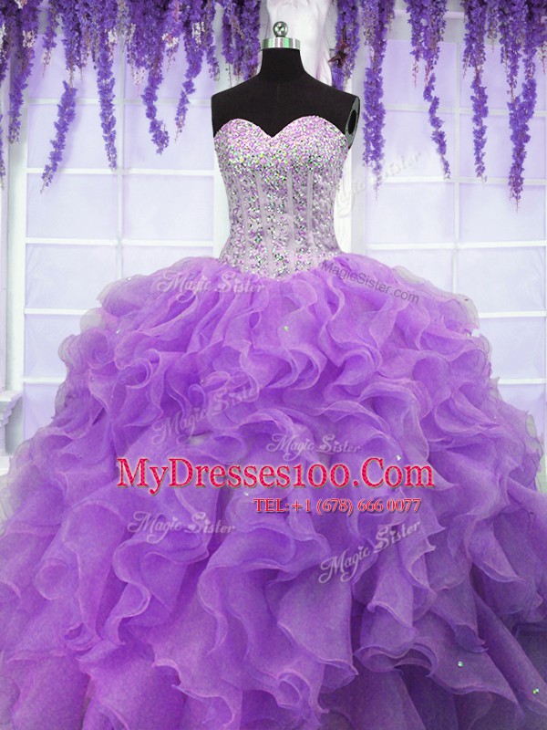 Delicate Sleeveless Organza Floor Length Lace Up Quinceanera Dresses in Lavender with Ruffles and Sequins