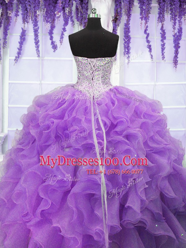 Delicate Sleeveless Organza Floor Length Lace Up Quinceanera Dresses in Lavender with Ruffles and Sequins