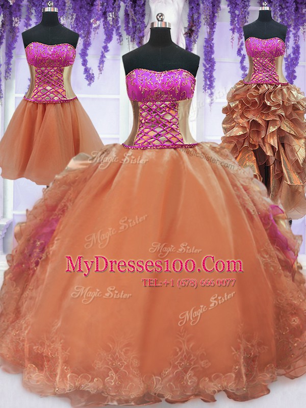 Admirable Four Piece Orange Lace Up Quinceanera Dresses Embroidery and Ruffles Sleeveless Floor Length