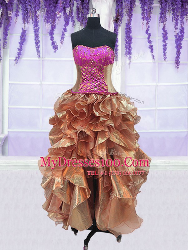 Admirable Four Piece Orange Lace Up Quinceanera Dresses Embroidery and Ruffles Sleeveless Floor Length