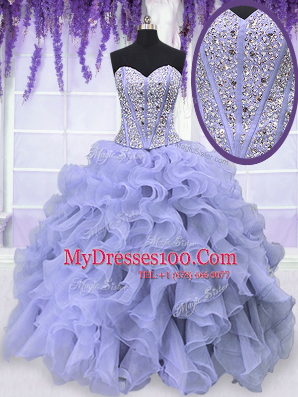 Modern Lavender Ball Gowns Beading and Ruffles Quinceanera Dresses Lace Up Organza Sleeveless Floor Length