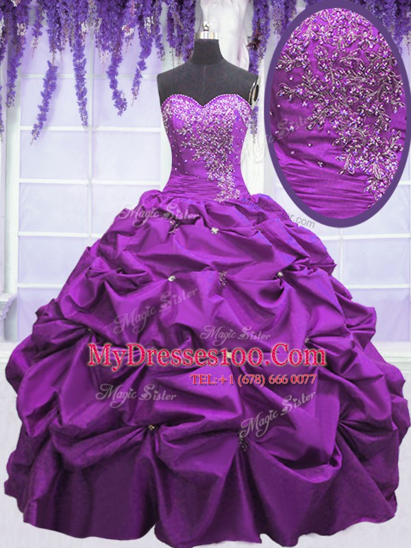 Amazing Purple Lace Up Sweetheart Appliques and Pick Ups 15th Birthday Dress Taffeta Sleeveless