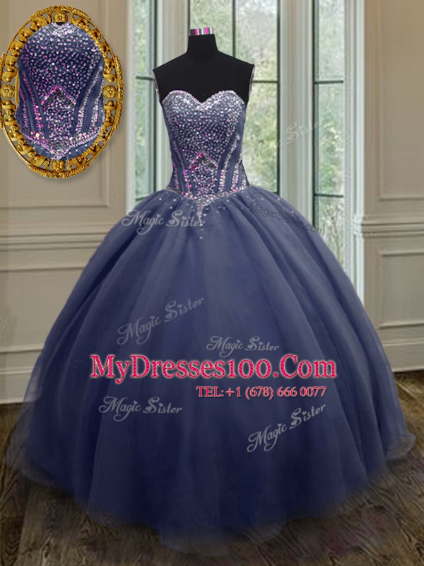 Navy Blue Organza Lace Up Quinceanera Gowns Sleeveless Floor Length Beading and Ruching