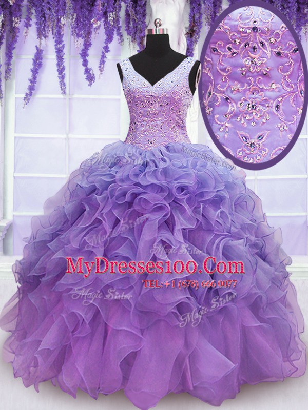 Sleeveless Floor Length Beading and Embroidery and Ruffles Lace Up Sweet 16 Dress with Lavender