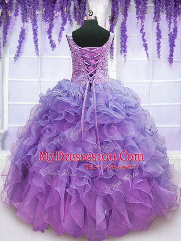 Sleeveless Floor Length Beading and Embroidery and Ruffles Lace Up Sweet 16 Dress with Lavender