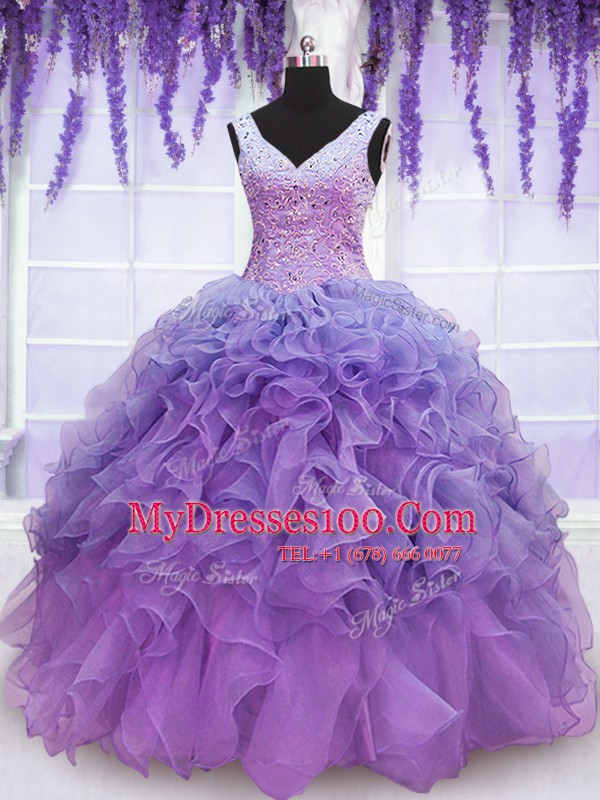 Sleeveless Floor Length Beading and Embroidery and Ruffles Lace Up Sweet 16 Dress with Lavender
