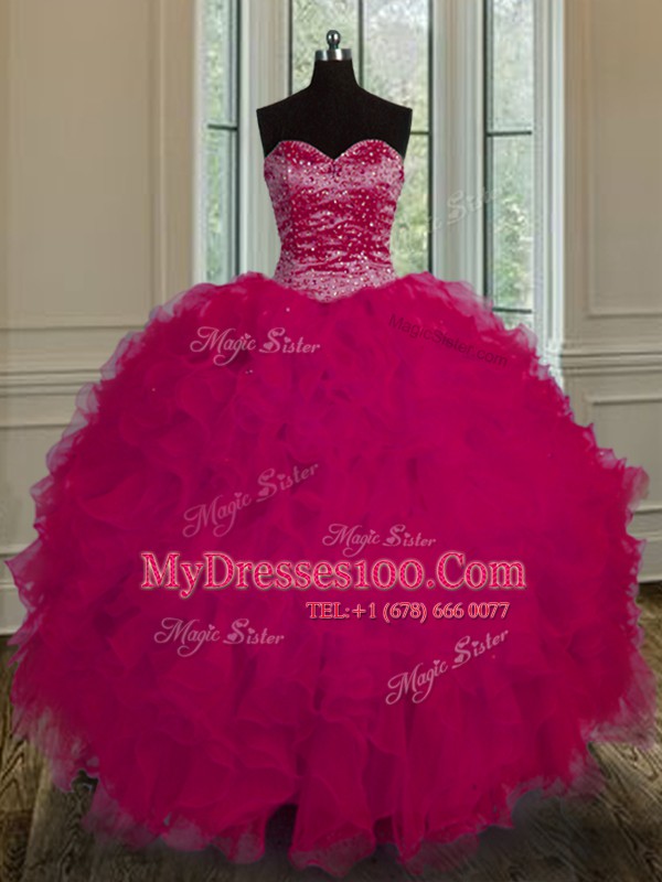 Dazzling Fuchsia Lace Up Sweet 16 Dresses Beading and Ruffles Sleeveless Floor Length