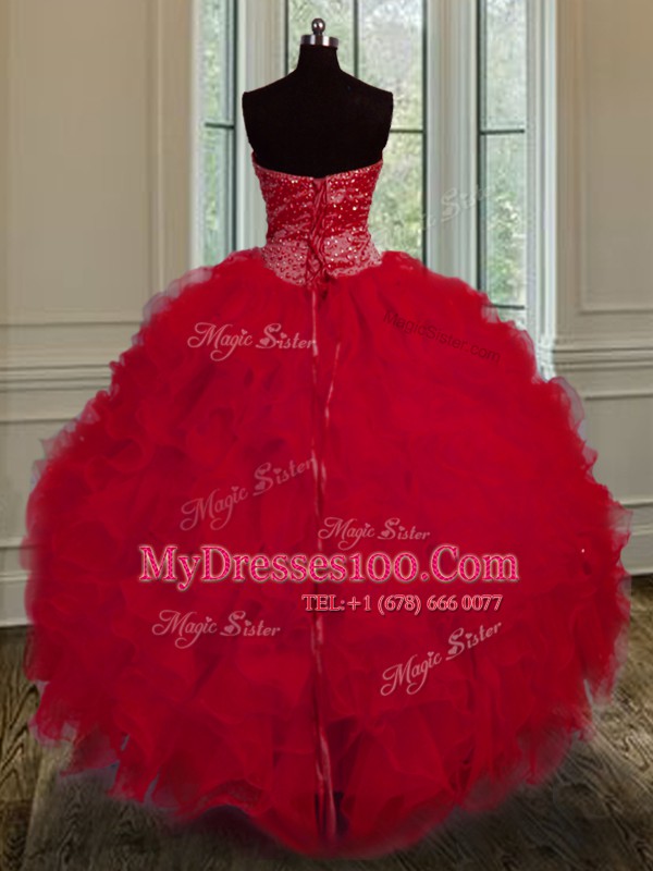 Dazzling Fuchsia Lace Up Sweet 16 Dresses Beading and Ruffles Sleeveless Floor Length