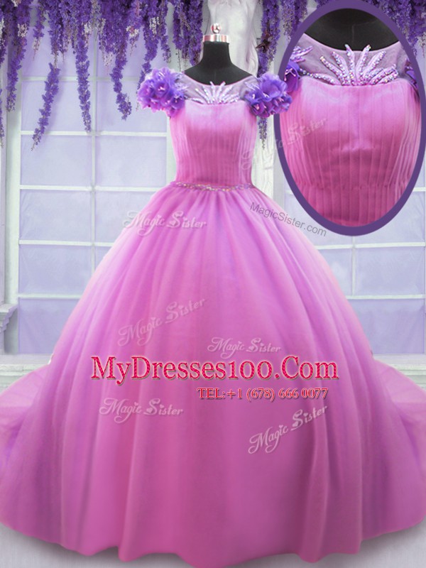 Glittering Scoop Short Sleeves Lace Up Floor Length Hand Made Flower Ball Gown Prom Dress