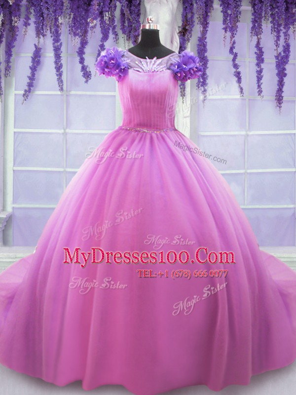 Glittering Scoop Short Sleeves Lace Up Floor Length Hand Made Flower Ball Gown Prom Dress