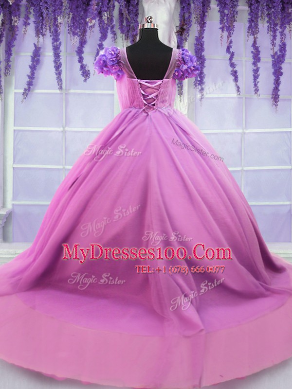 Glittering Scoop Short Sleeves Lace Up Floor Length Hand Made Flower Ball Gown Prom Dress