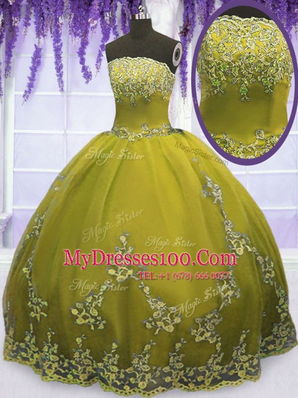 Floor Length Zipper Sweet 16 Dress Olive Green for Military Ball and Sweet 16 and Quinceanera with Appliques